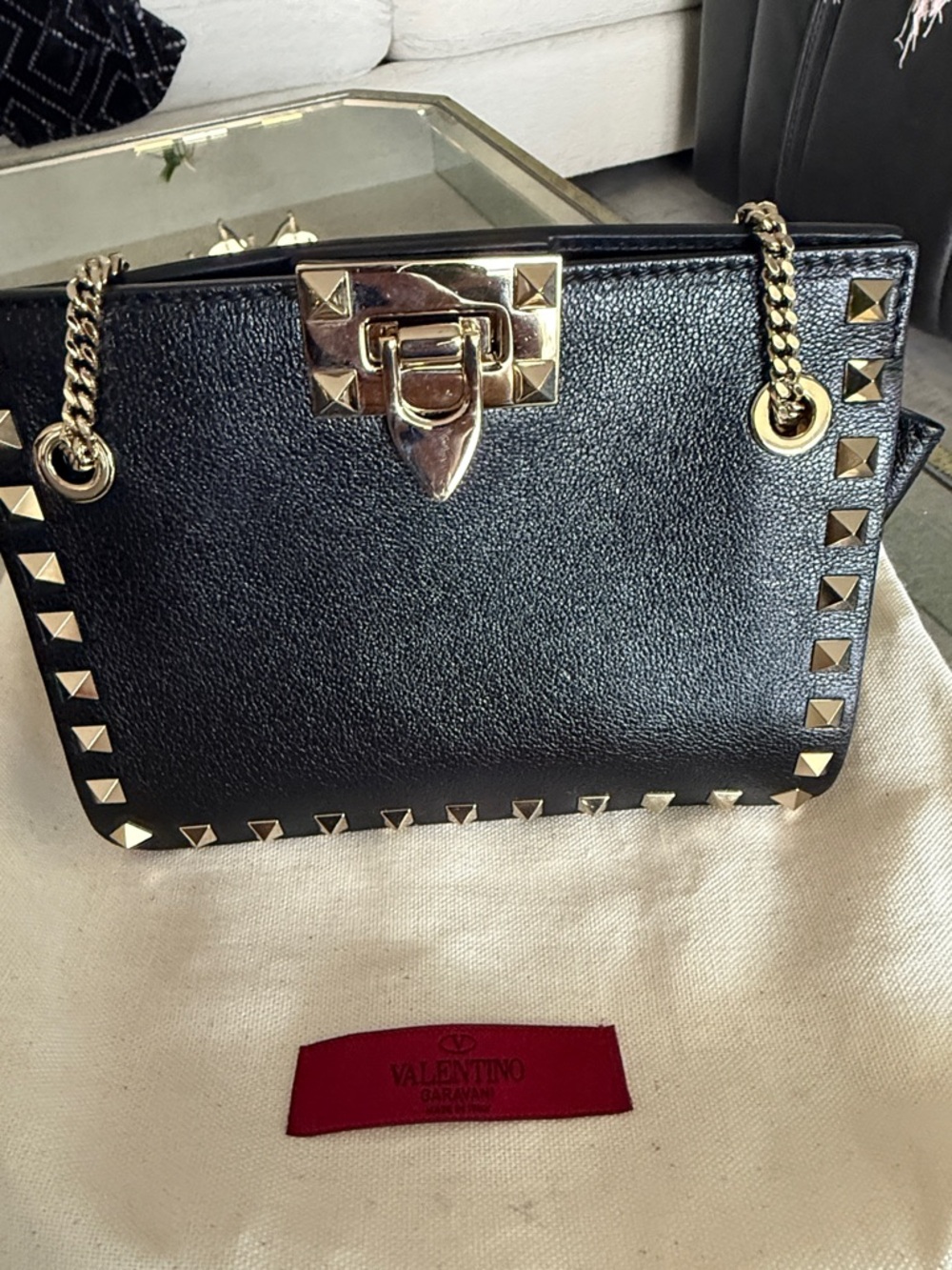 Valentino Black Leather Gold-Stud Chain Shoulder Bag